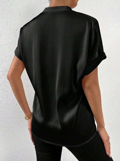 Solid Color Satin Short Sleeves Work Blouse