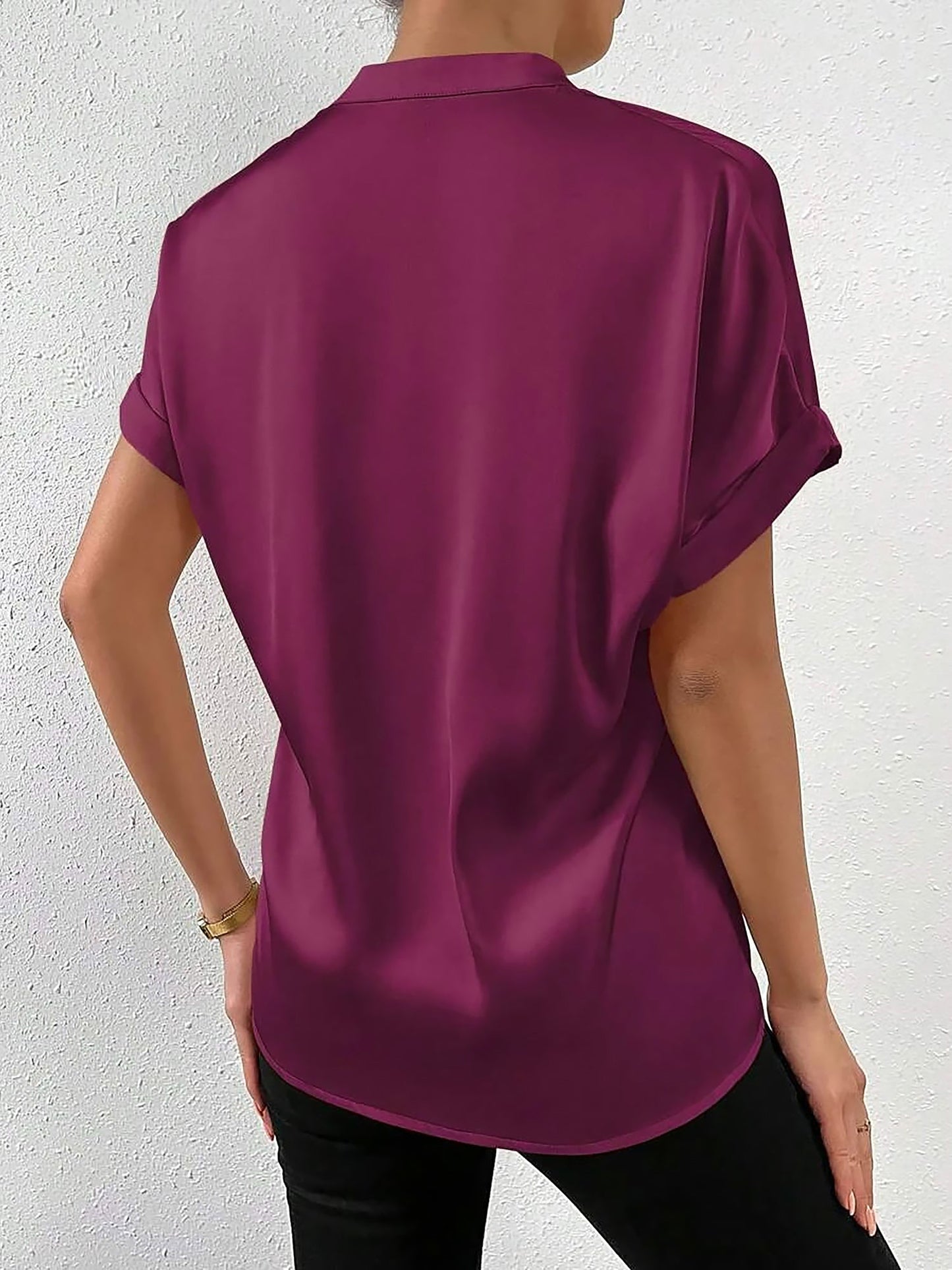 Solid Color Satin Short Sleeves Work Blouse