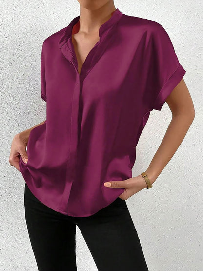Solid Color Satin Short Sleeves Work Blouse