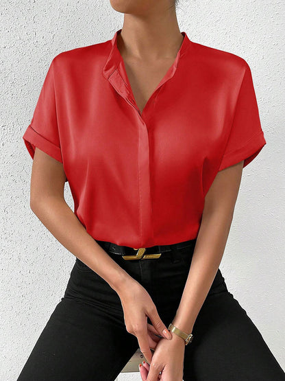 Solid Color Satin Short Sleeves Work Blouse