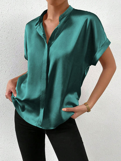 Solid Color Satin Short Sleeves Work Blouse