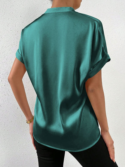 Solid Color Satin Short Sleeves Work Blouse