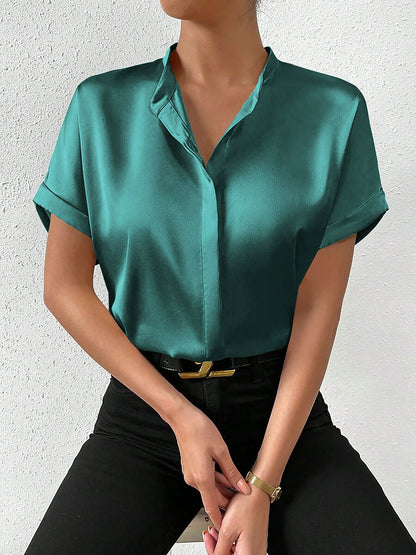 Solid Color Satin Short Sleeves Work Blouse