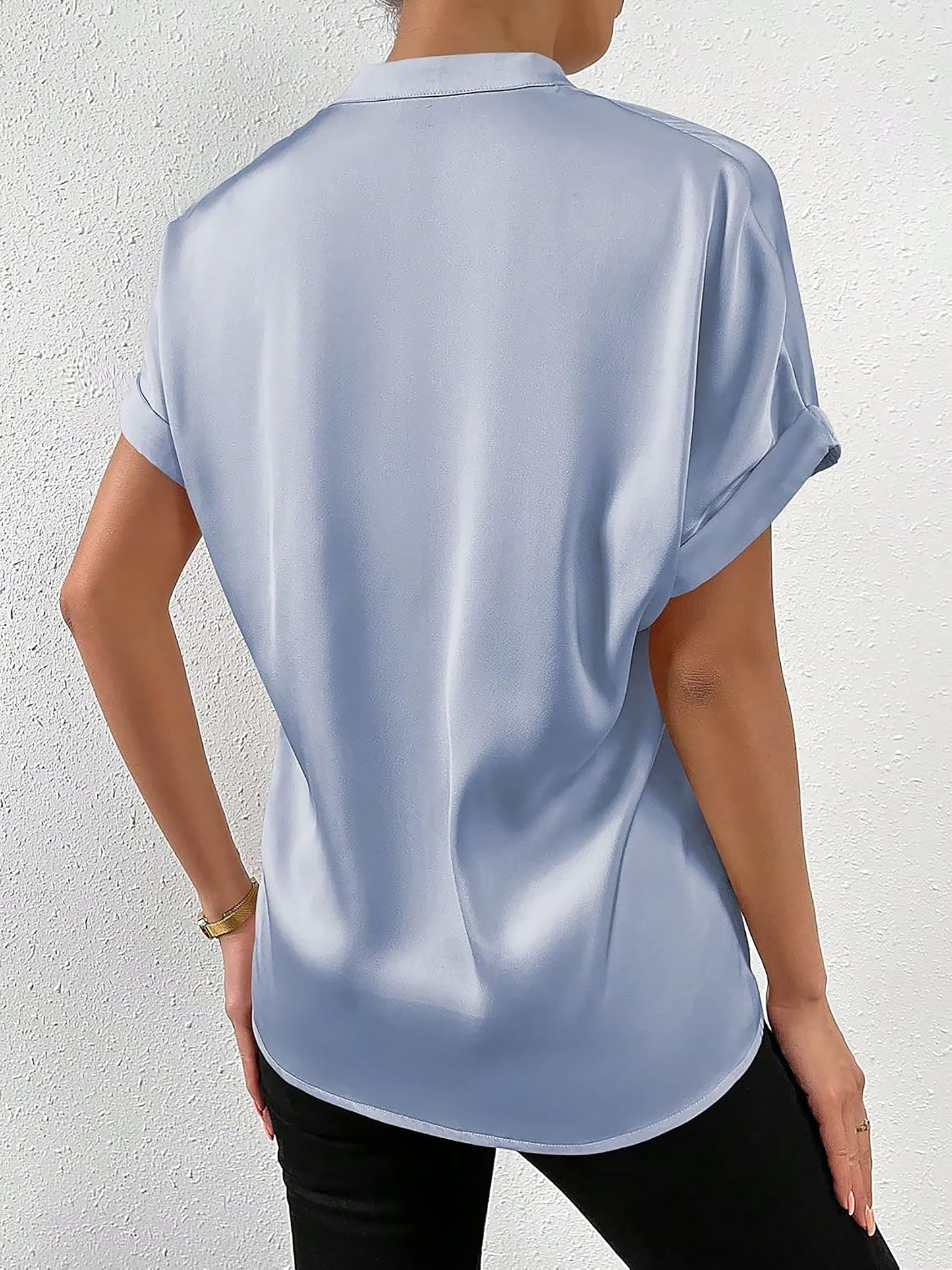 Solid Color Satin Short Sleeves Work Blouse
