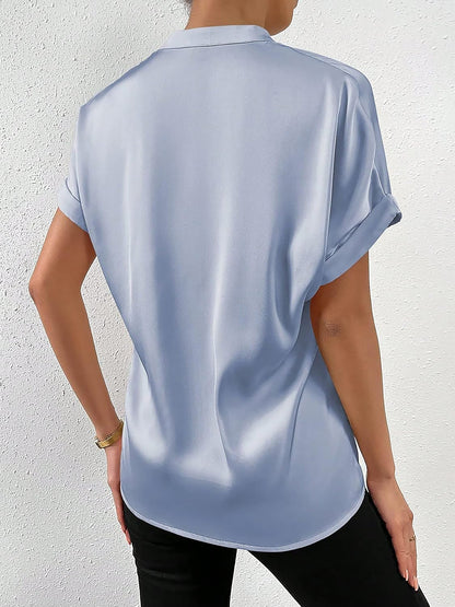 Solid Color Satin Short Sleeves Work Blouse
