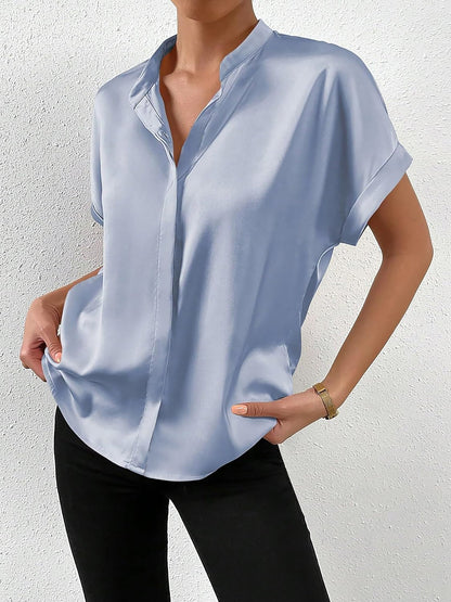 Solid Color Satin Short Sleeves Work Blouse