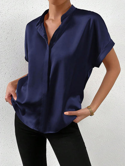 Solid Color Satin Short Sleeves Work Blouse