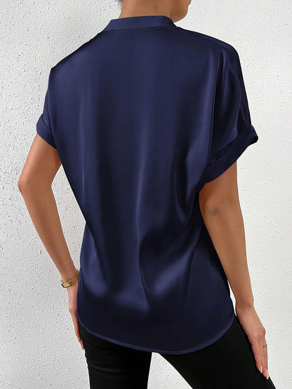 Solid Color Satin Short Sleeves Work Blouse