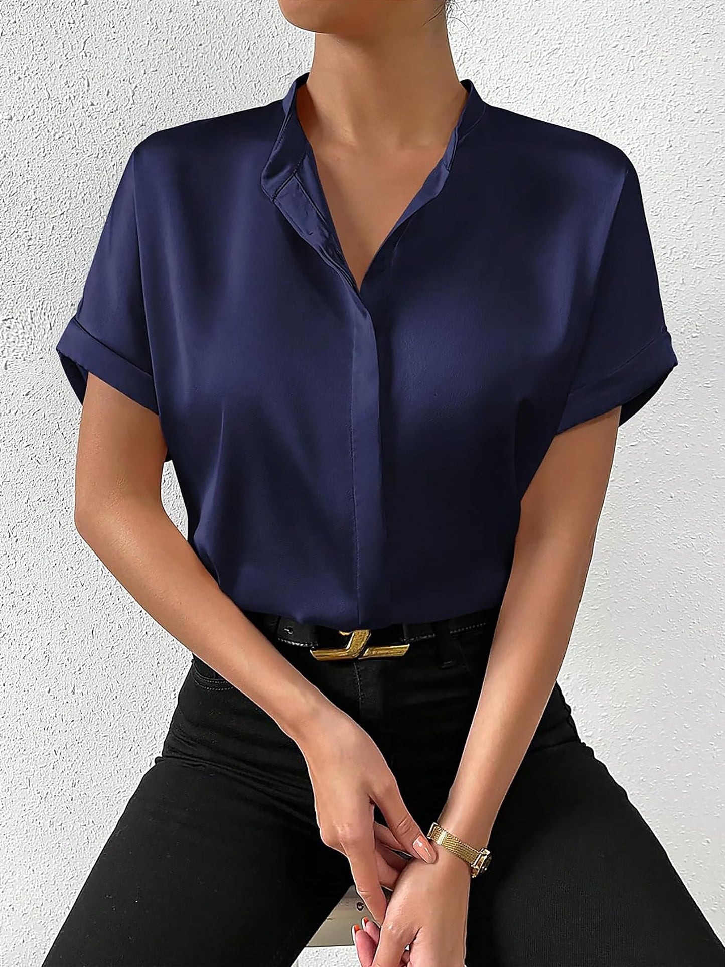Solid Color Satin Short Sleeves Work Blouse