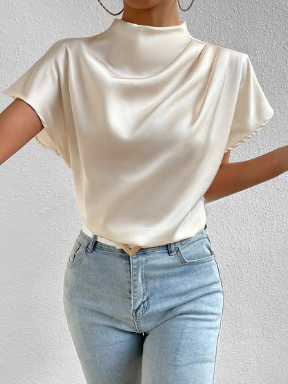 Ruched Mock Neck Satin Short Sleeves Blouse