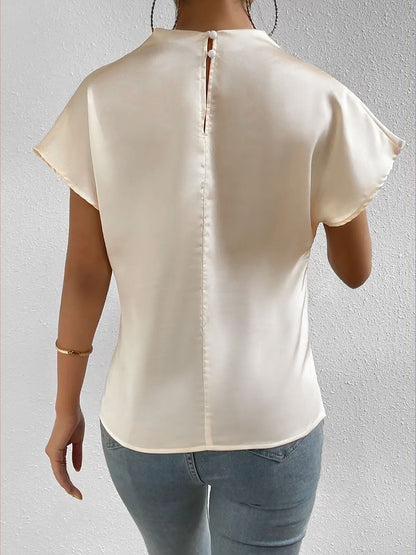 Ruched Mock Neck Satin Short Sleeves Blouse