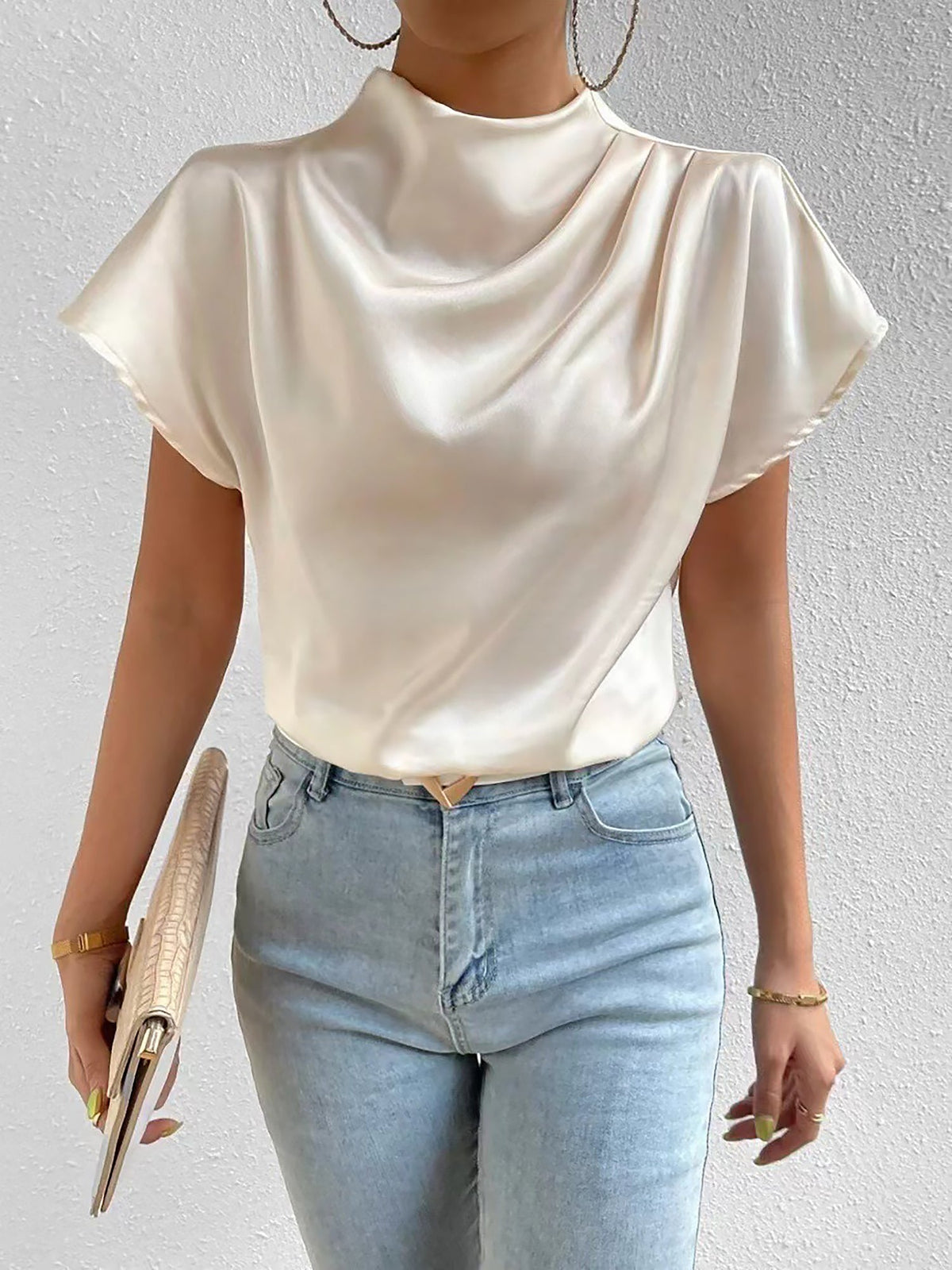 Ruched Mock Neck Satin Short Sleeves Blouse