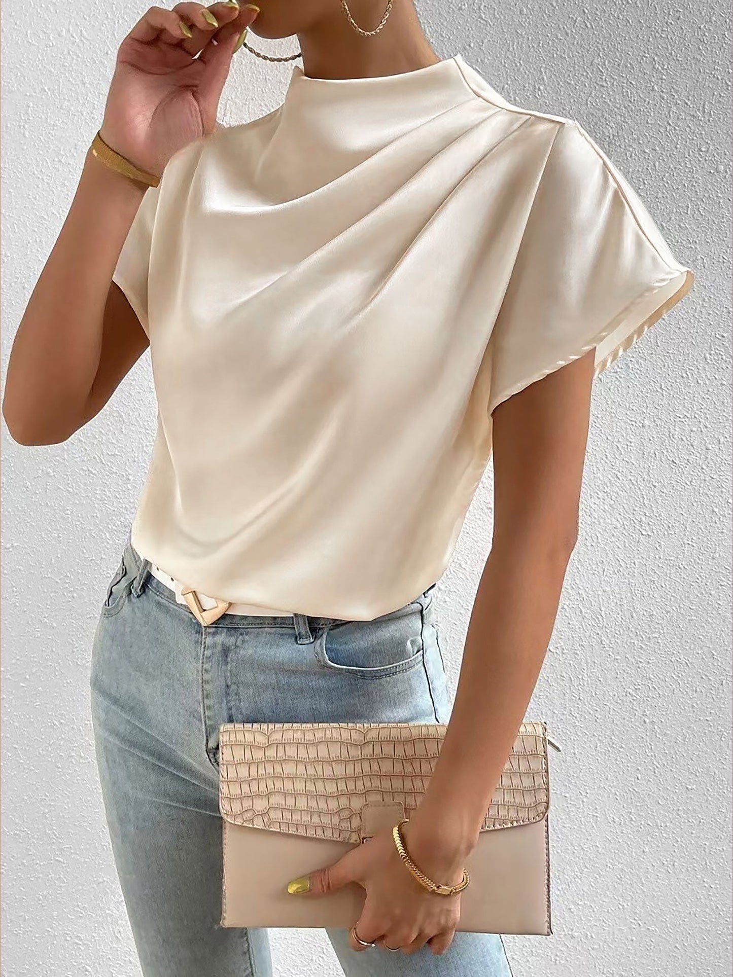 Ruched Mock Neck Satin Short Sleeves Blouse
