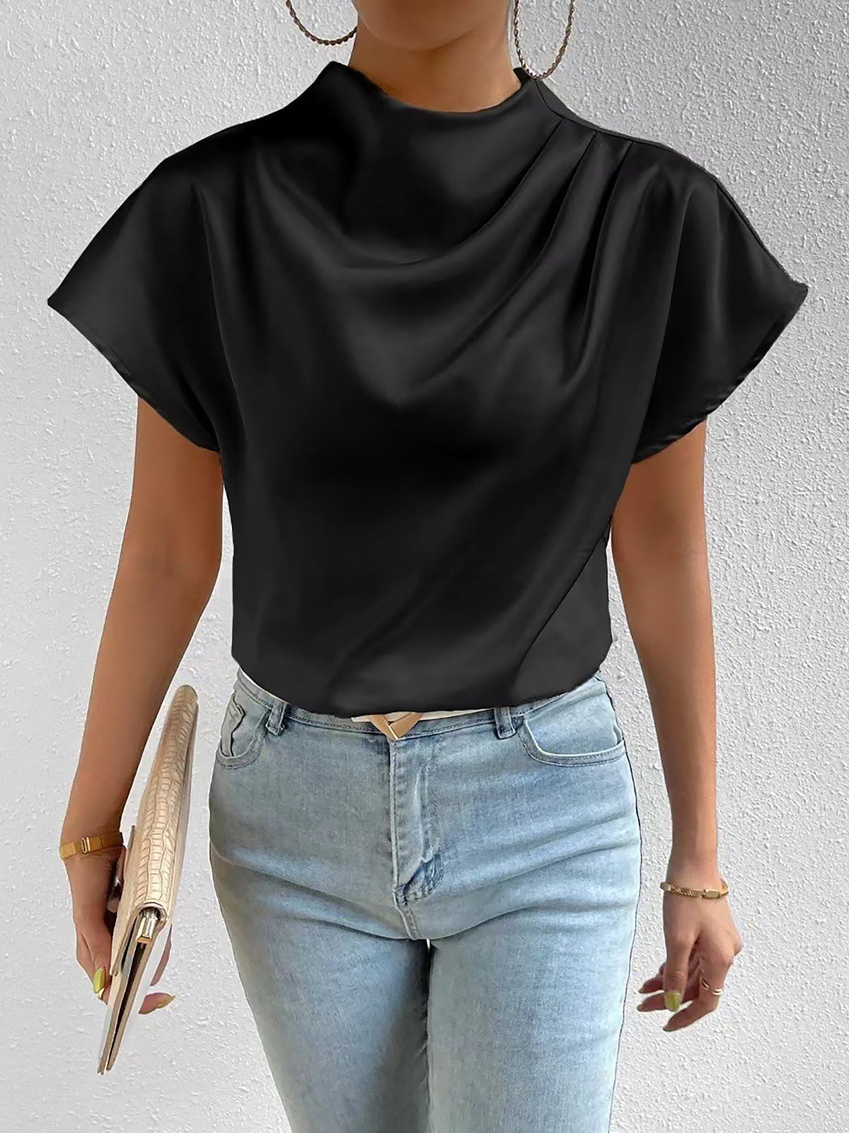 Ruched Mock Neck Satin Short Sleeves Blouse