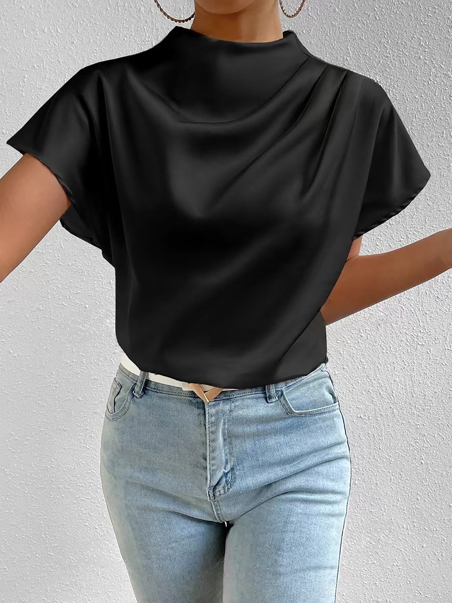 Ruched Mock Neck Satin Short Sleeves Blouse