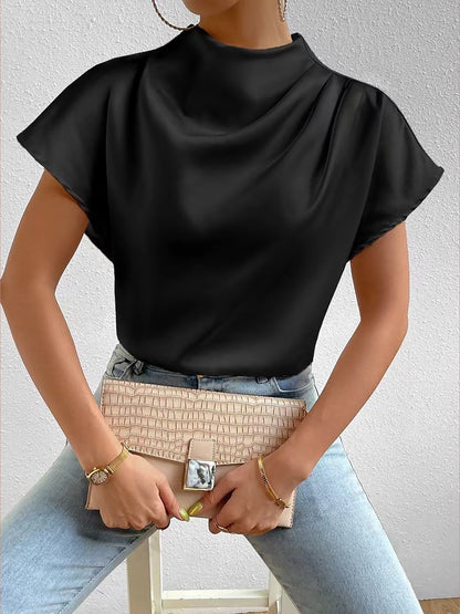 Ruched Mock Neck Satin Short Sleeves Blouse