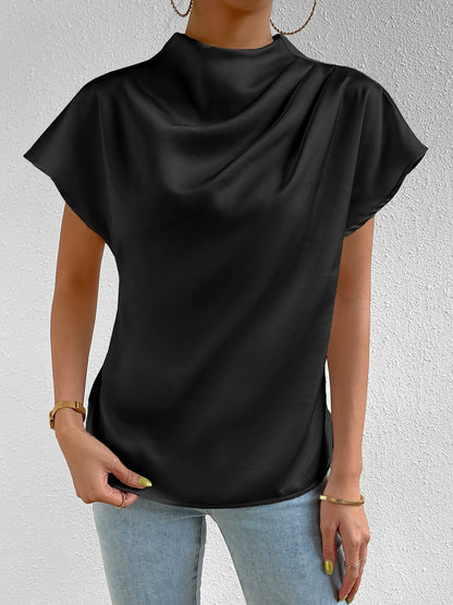 Ruched Mock Neck Satin Short Sleeves Blouse