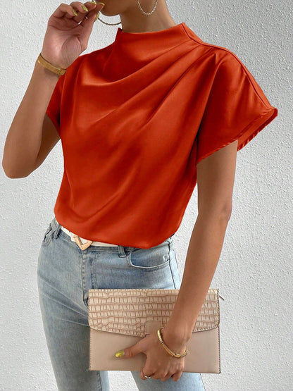 Ruched Mock Neck Satin Short Sleeves Blouse