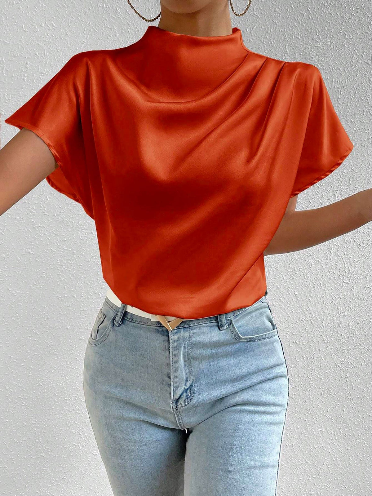 Ruched Mock Neck Satin Short Sleeves Blouse
