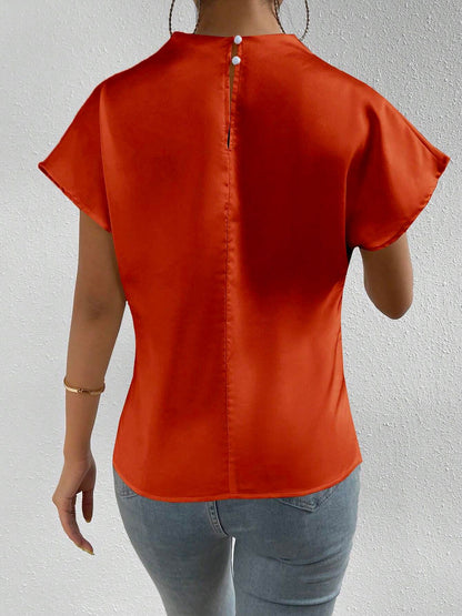 Ruched Mock Neck Satin Short Sleeves Blouse