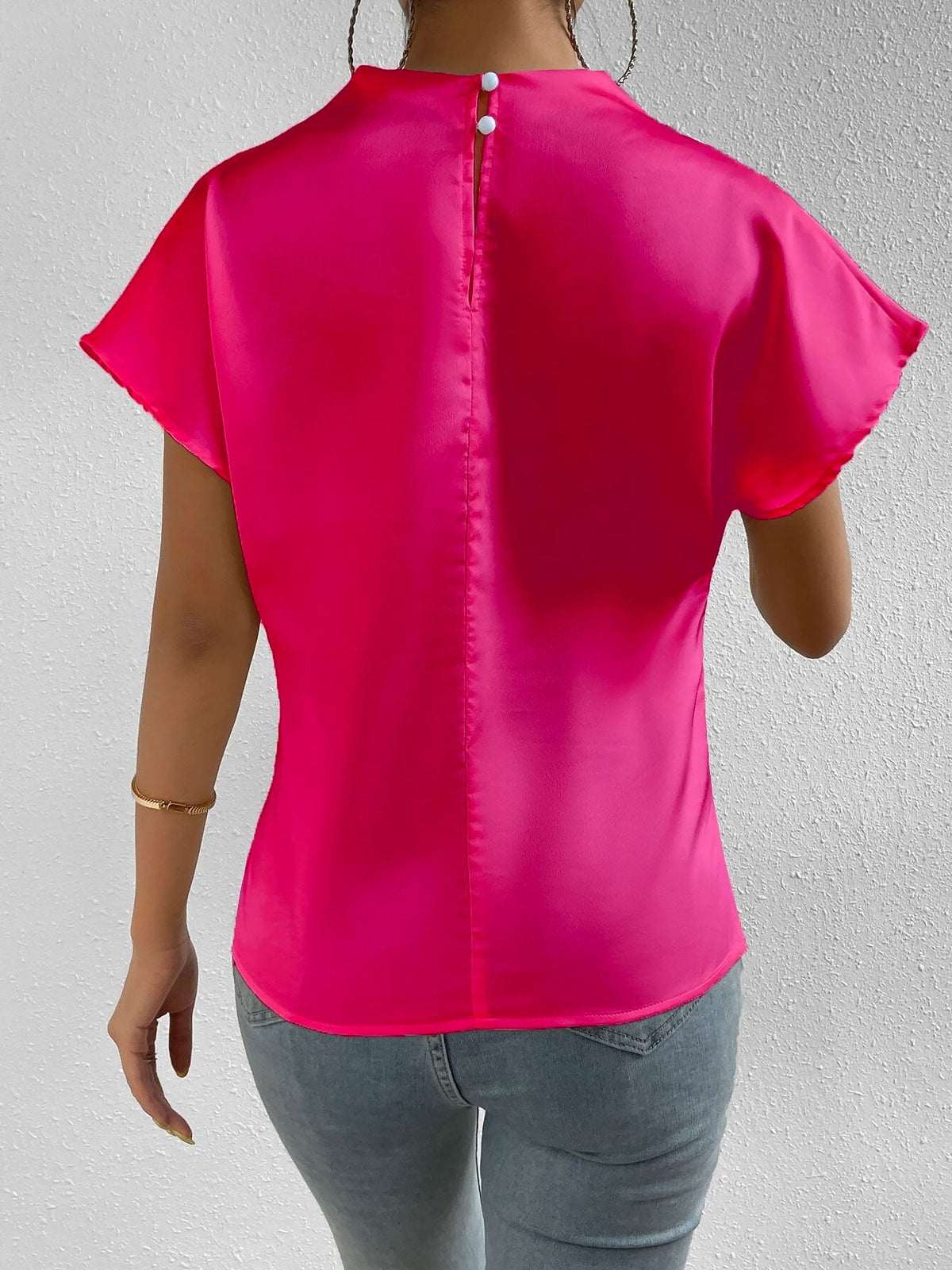 Ruched Mock Neck Satin Short Sleeves Blouse