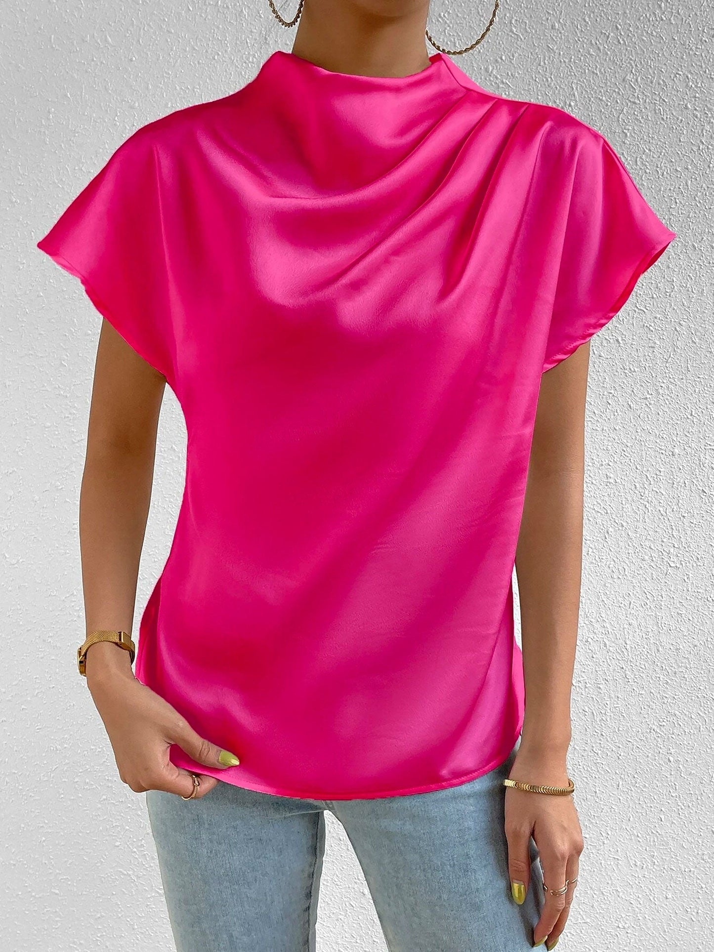 Ruched Mock Neck Satin Short Sleeves Blouse