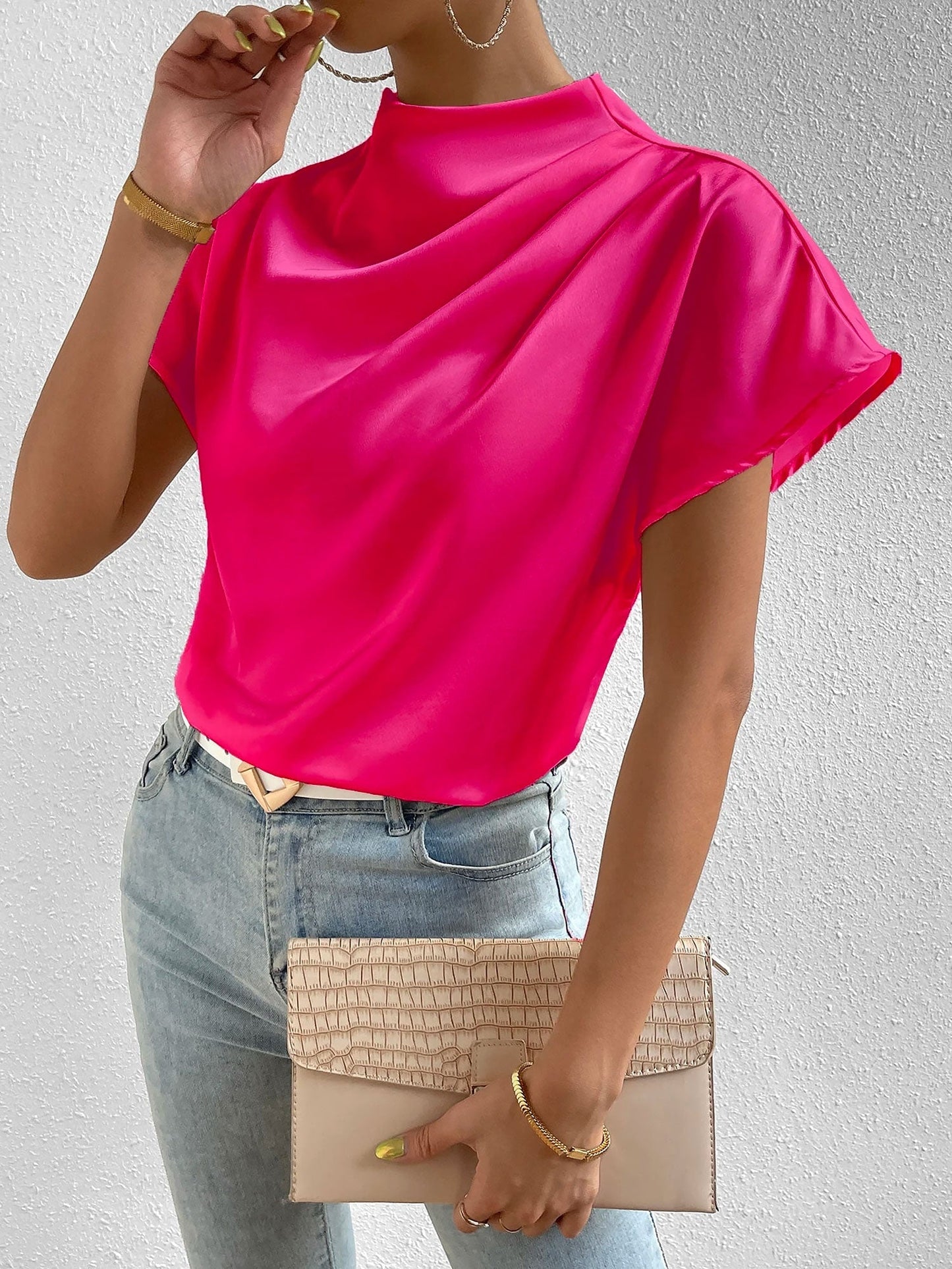 Ruched Mock Neck Satin Short Sleeves Blouse