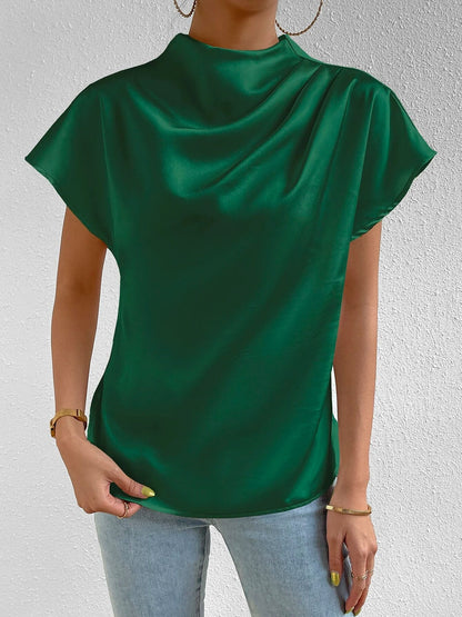 Ruched Mock Neck Satin Short Sleeves Blouse