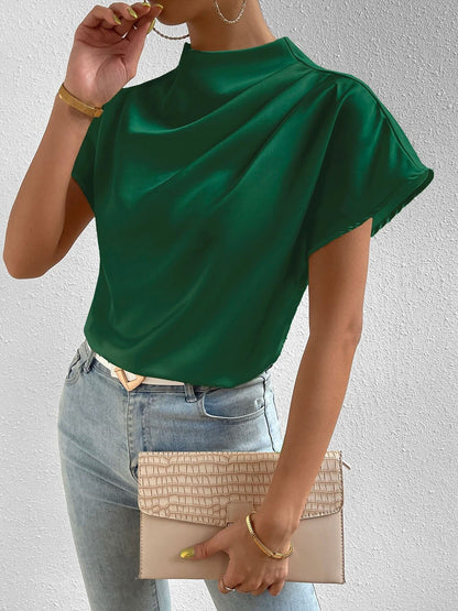 Ruched Mock Neck Satin Short Sleeves Blouse