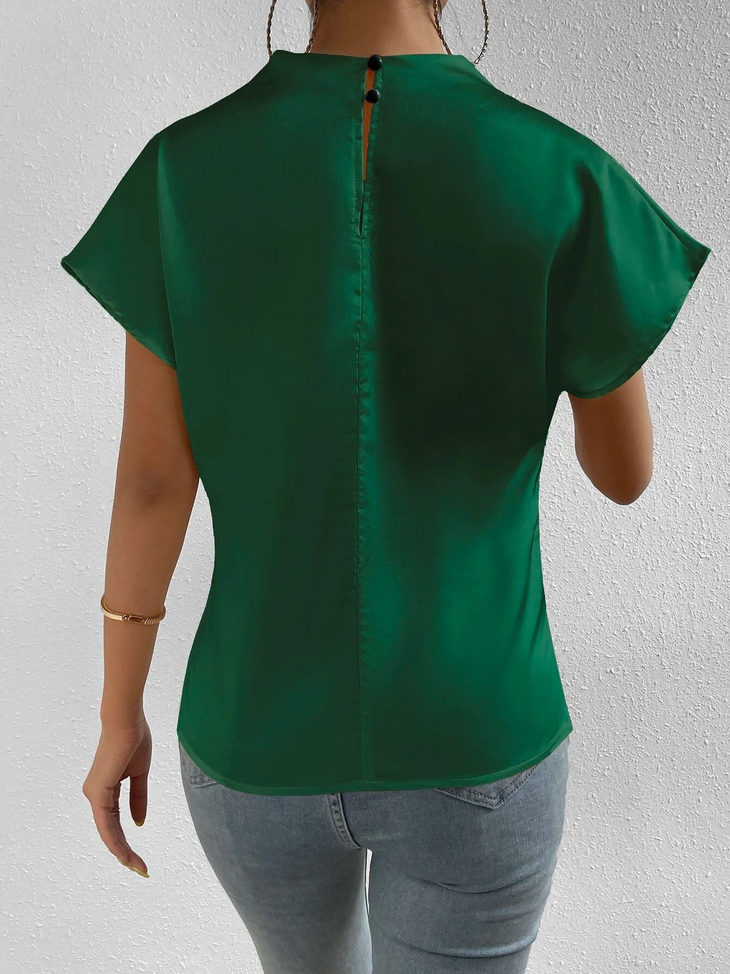 Ruched Mock Neck Satin Short Sleeves Blouse