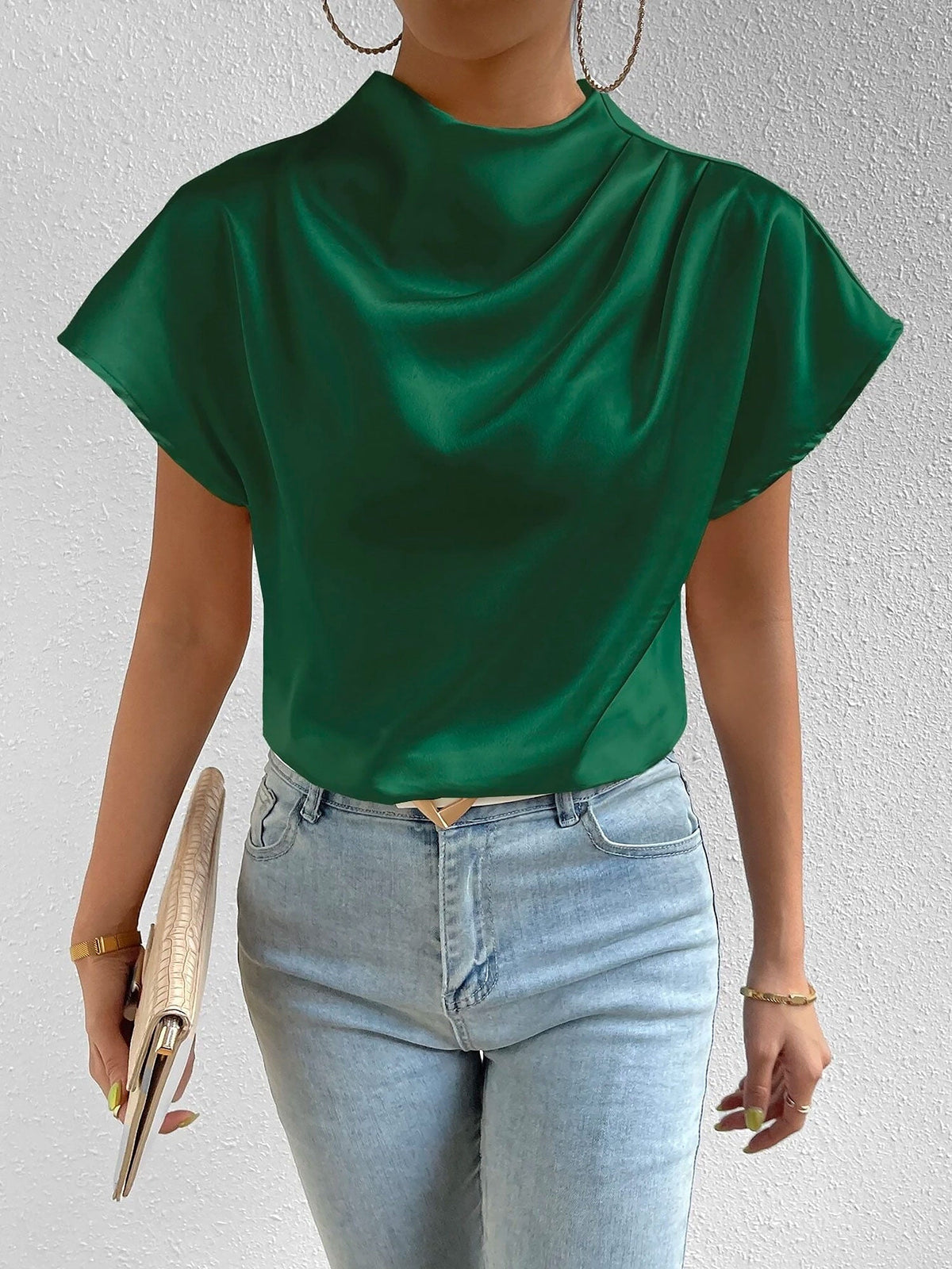Ruched Mock Neck Satin Short Sleeves Blouse