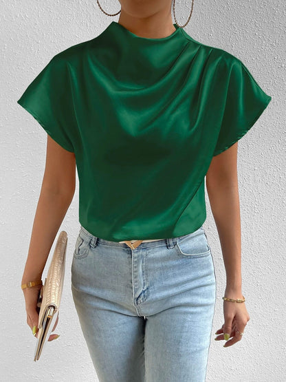 Ruched Mock Neck Satin Short Sleeves Blouse
