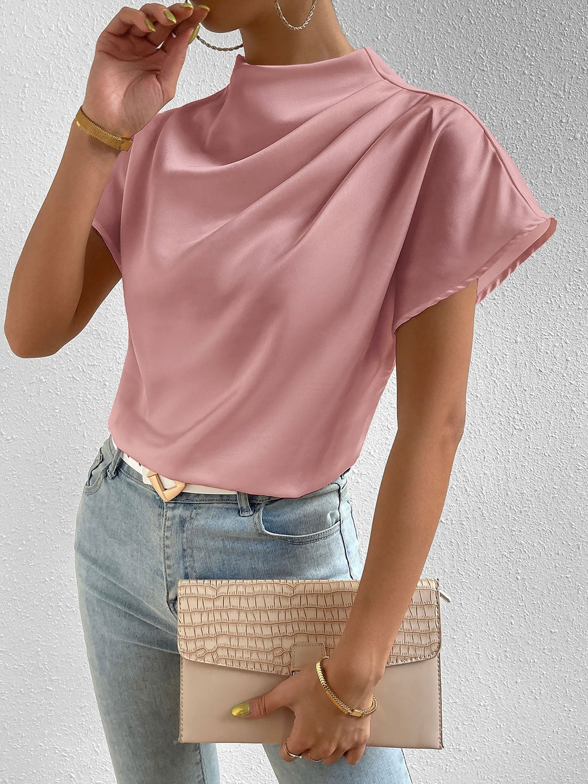 Ruched Mock Neck Satin Short Sleeves Blouse
