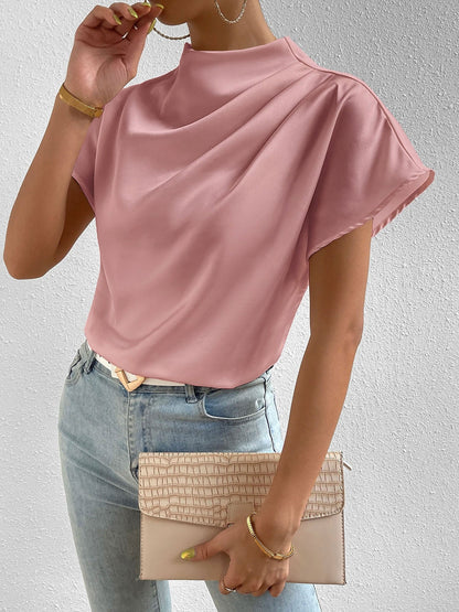 Ruched Mock Neck Satin Short Sleeves Blouse