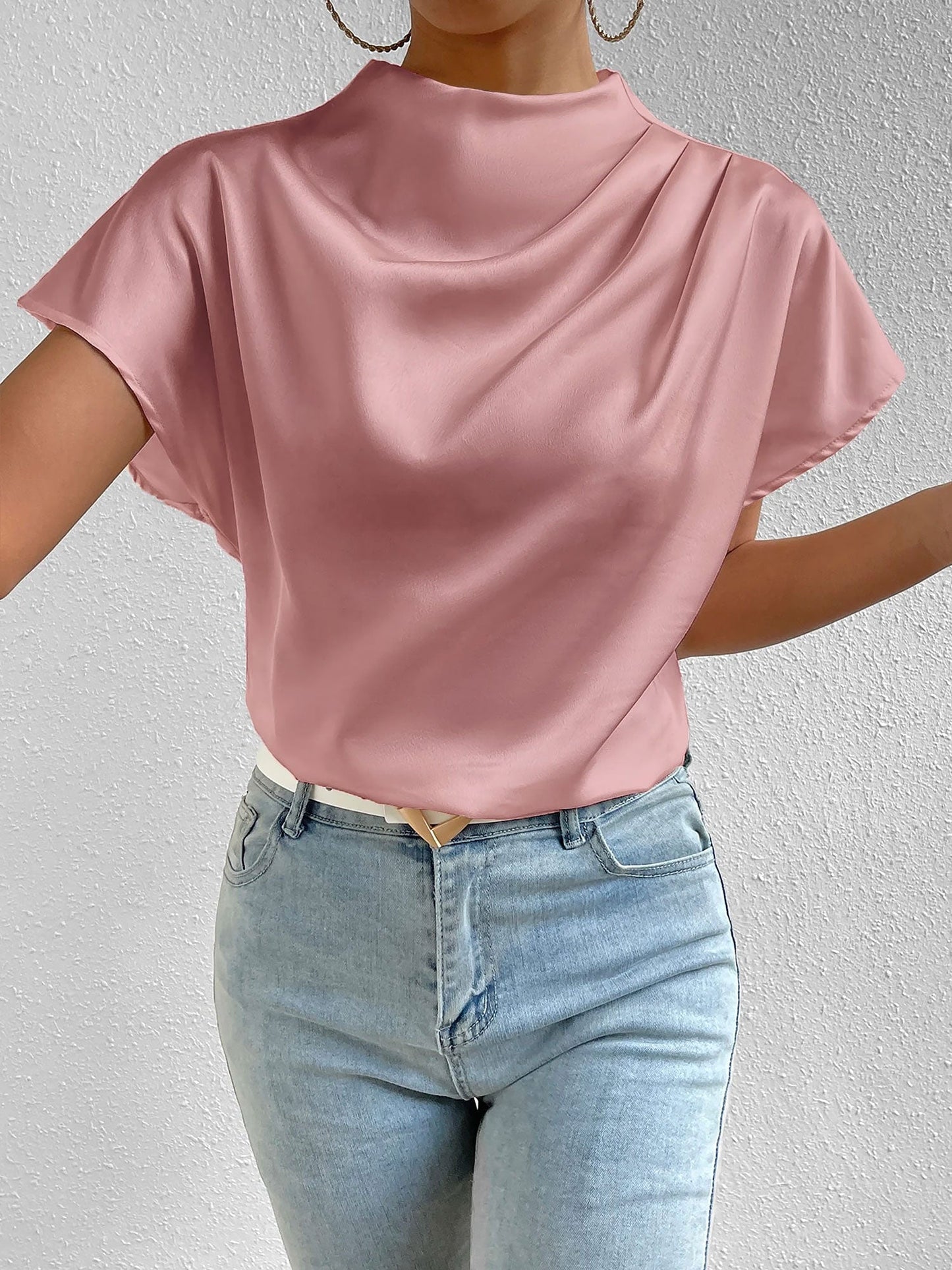 Ruched Mock Neck Satin Short Sleeves Blouse