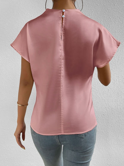 Ruched Mock Neck Satin Short Sleeves Blouse
