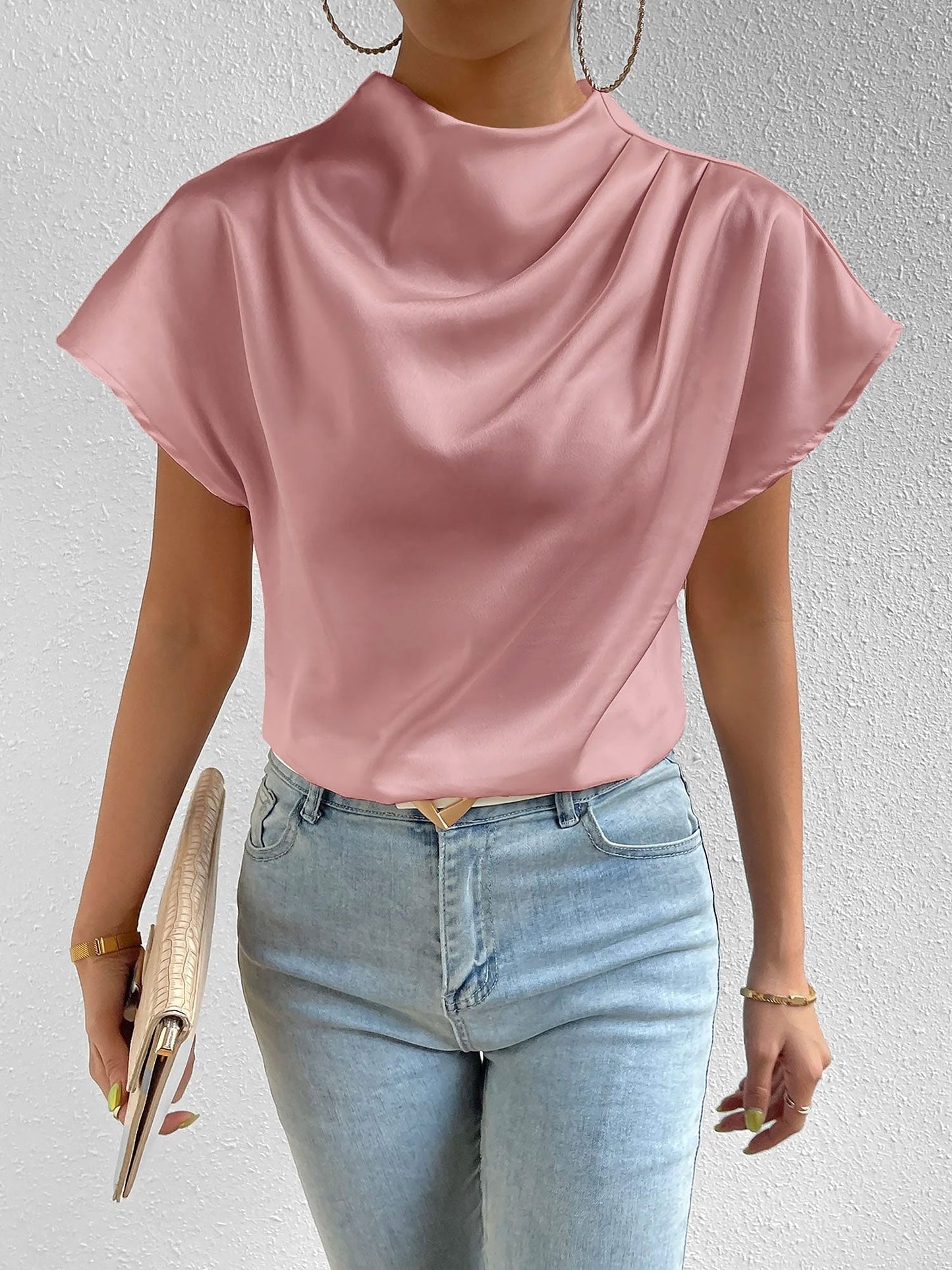 Ruched Mock Neck Satin Short Sleeves Blouse
