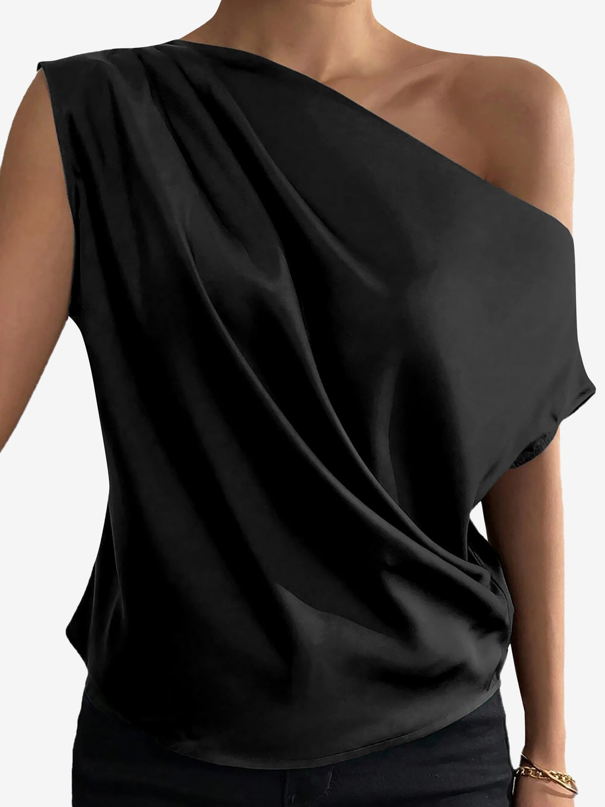 One Shoulder Ruched Asymmetrical Neck Satin Blouse