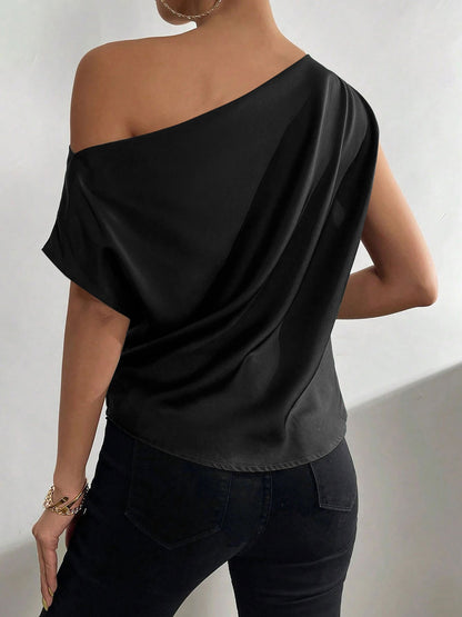One Shoulder Ruched Asymmetrical Neck Satin Blouse