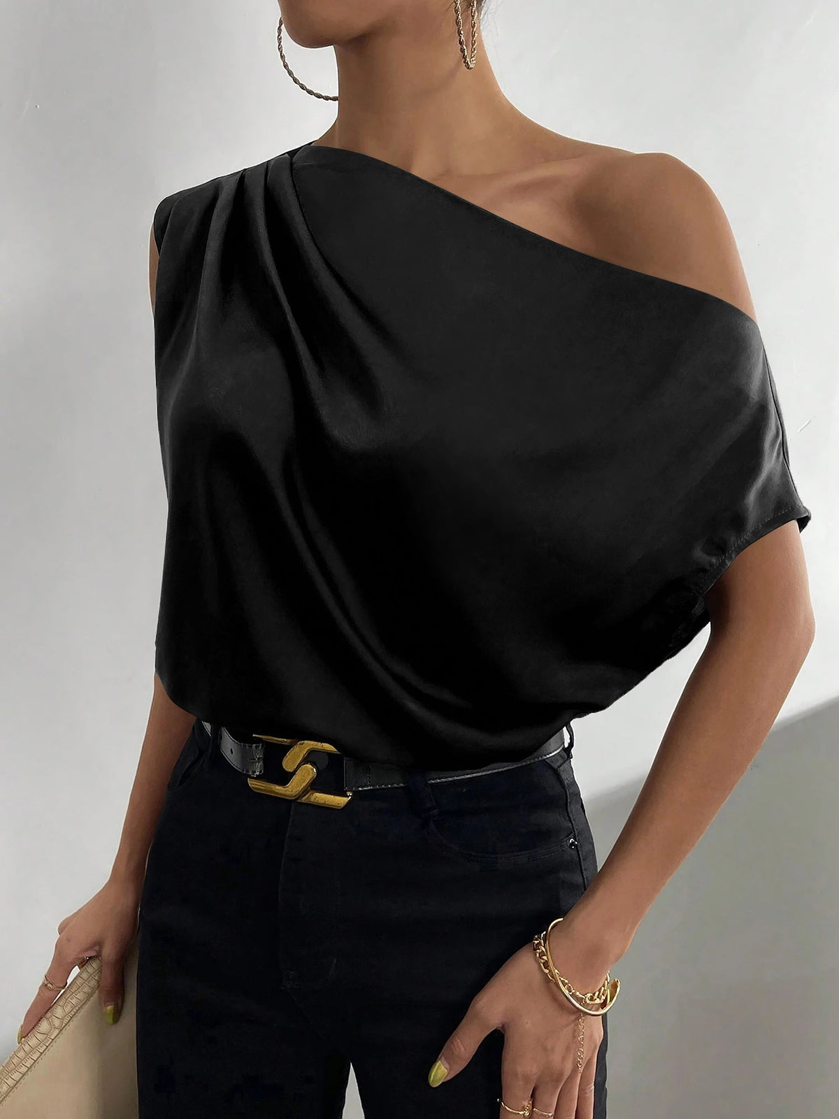 One Shoulder Ruched Asymmetrical Neck Satin Blouse