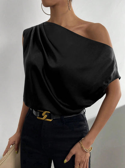 One Shoulder Ruched Asymmetrical Neck Satin Blouse