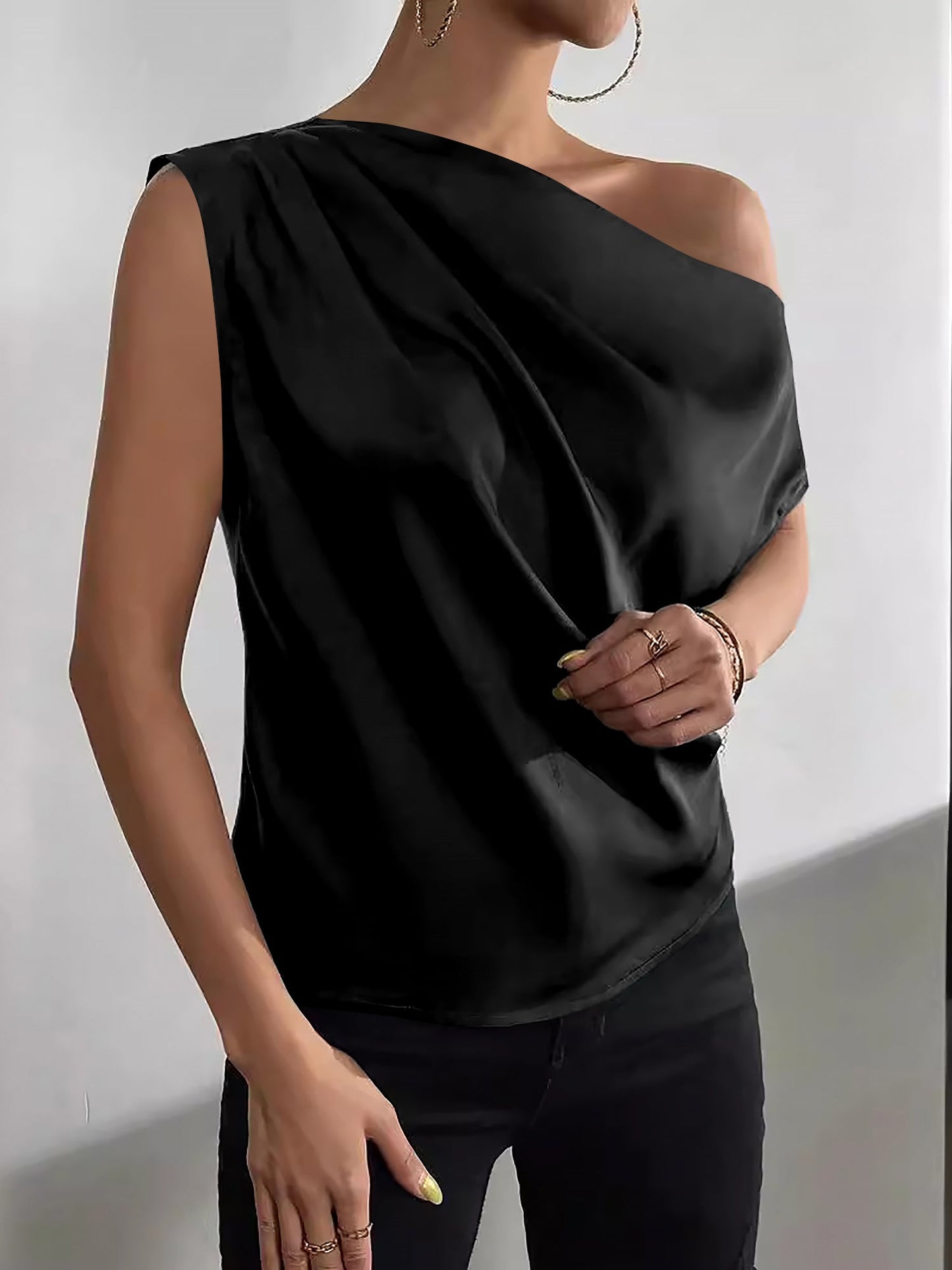 One Shoulder Ruched Asymmetrical Neck Satin Blouse
