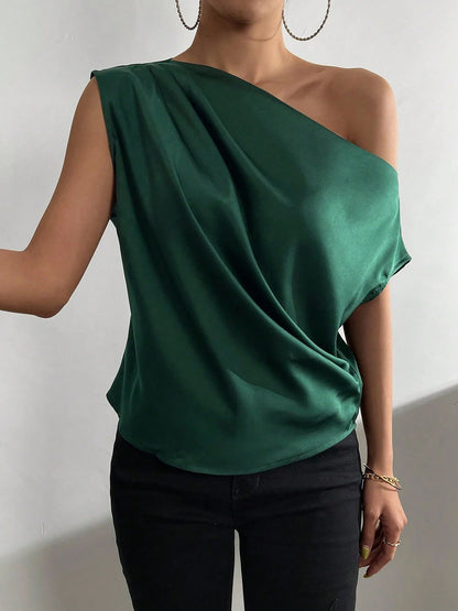 One Shoulder Ruched Asymmetrical Neck Satin Blouse