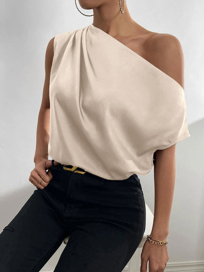 One Shoulder Ruched Asymmetrical Neck Satin Blouse