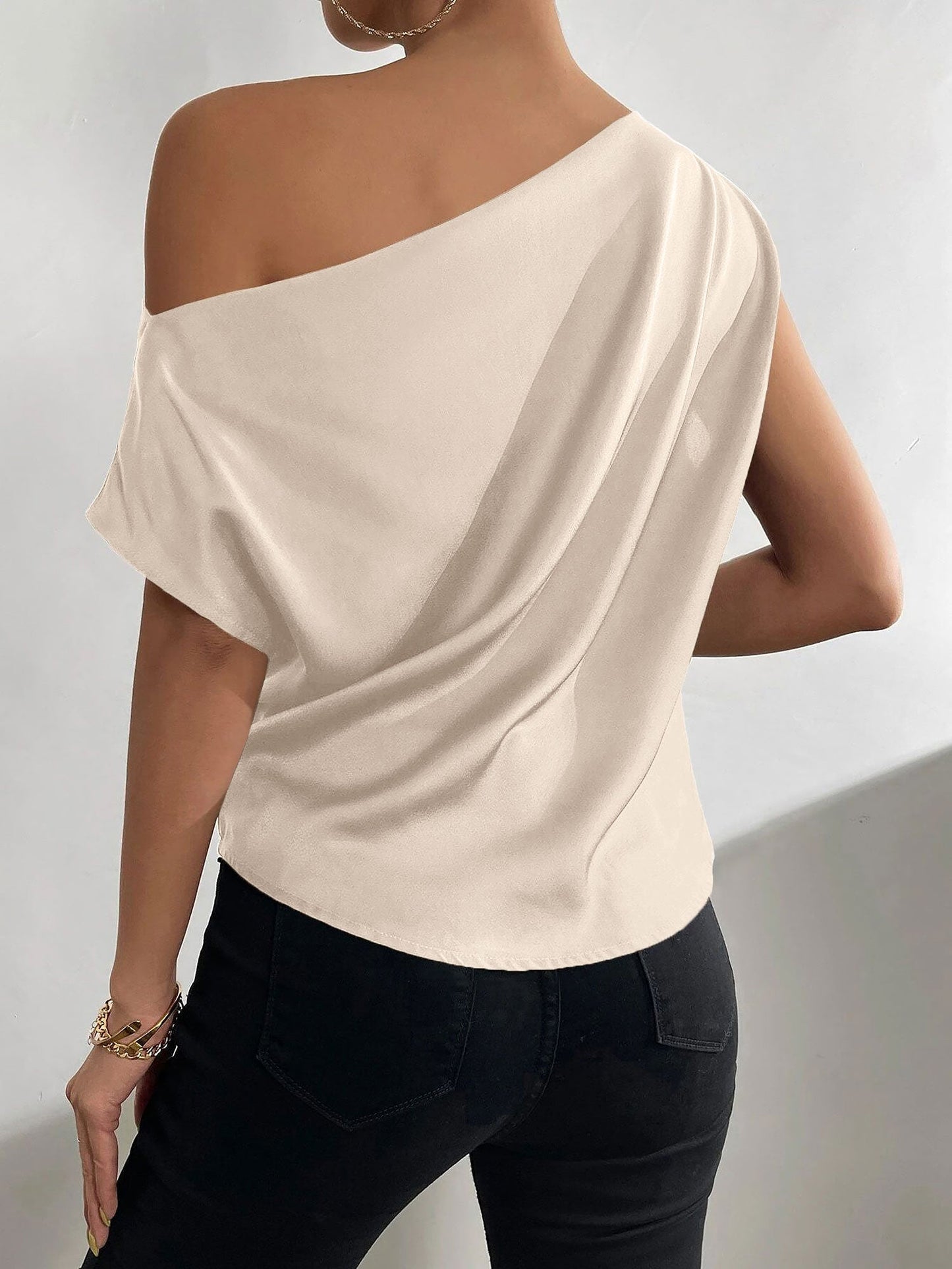 One Shoulder Ruched Asymmetrical Neck Satin Blouse