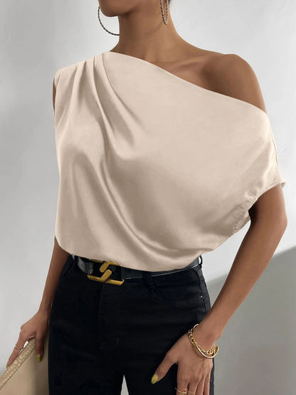 One Shoulder Ruched Asymmetrical Neck Satin Blouse