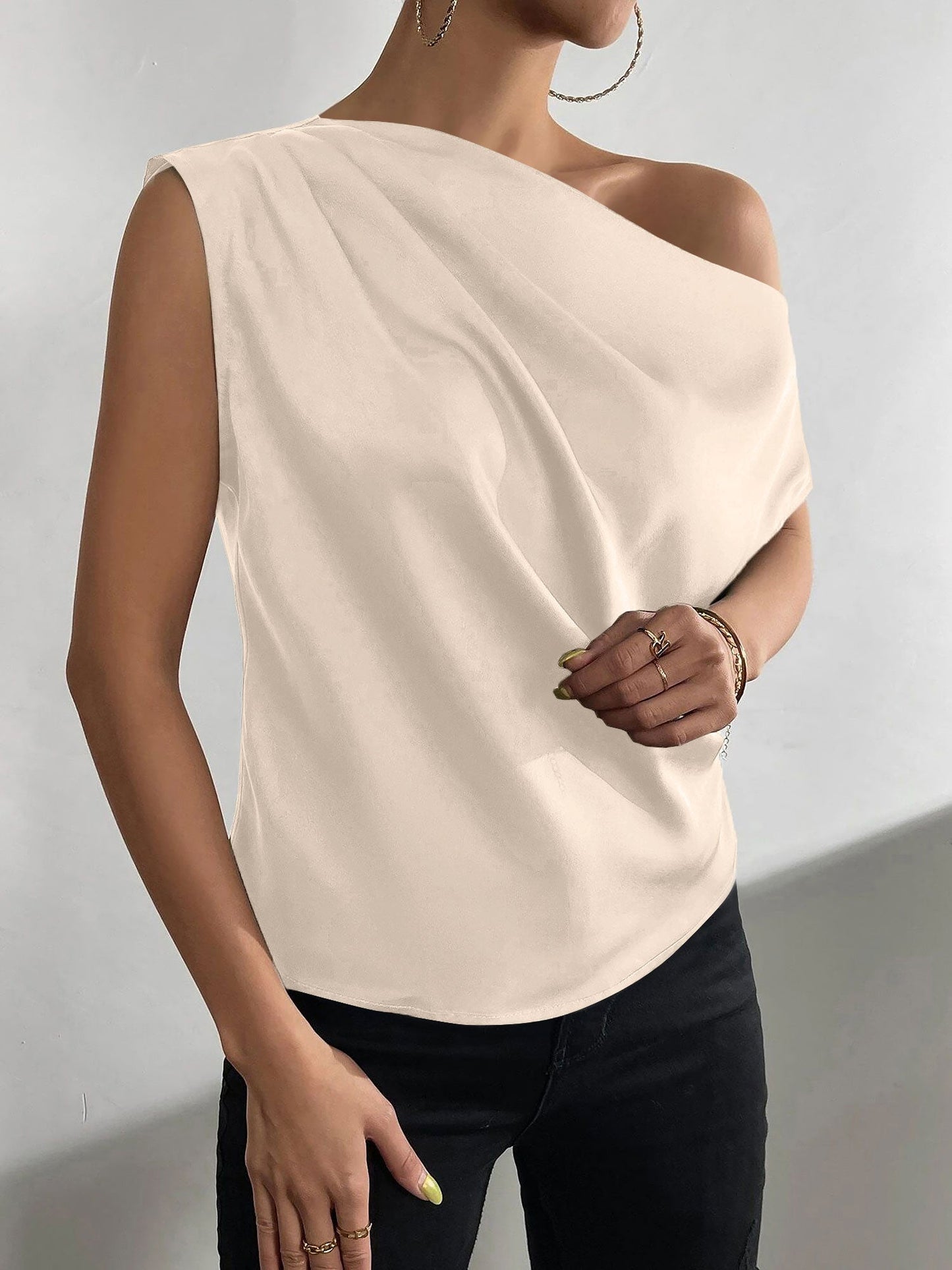 One Shoulder Ruched Asymmetrical Neck Satin Blouse