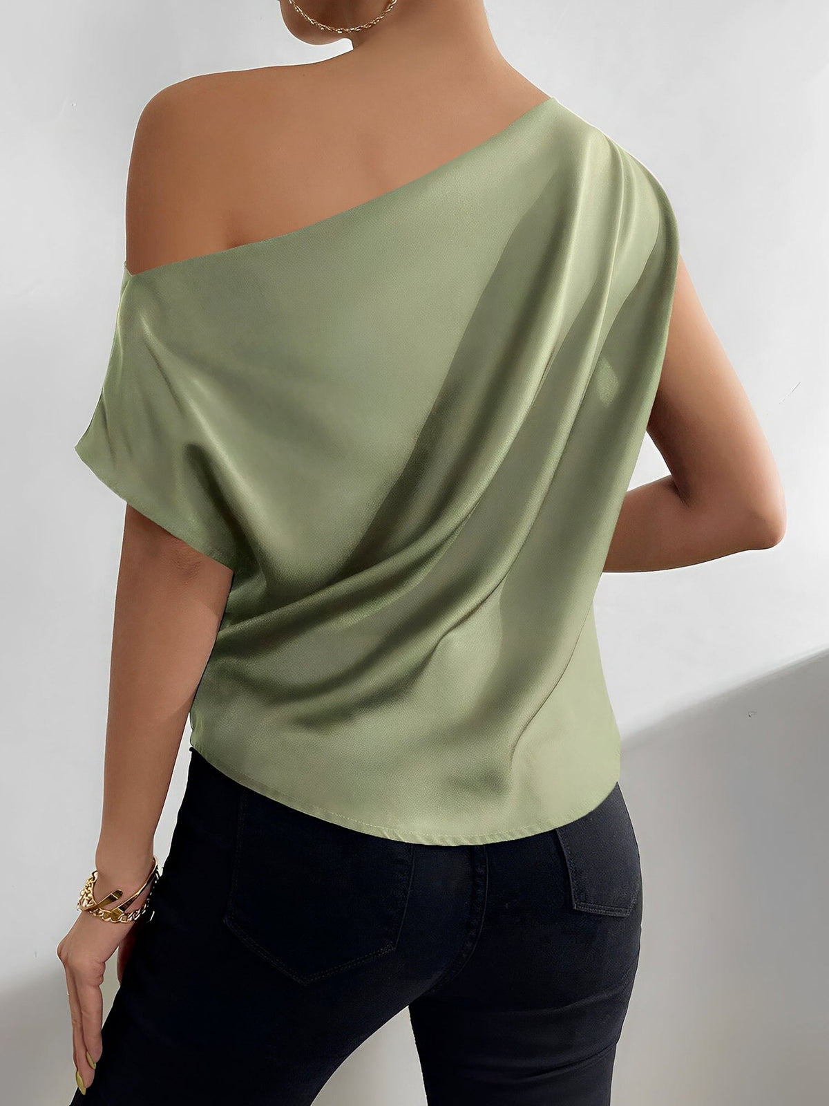 One Shoulder Ruched Asymmetrical Neck Satin Blouse