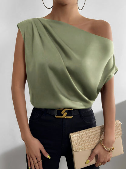 One Shoulder Ruched Asymmetrical Neck Satin Blouse