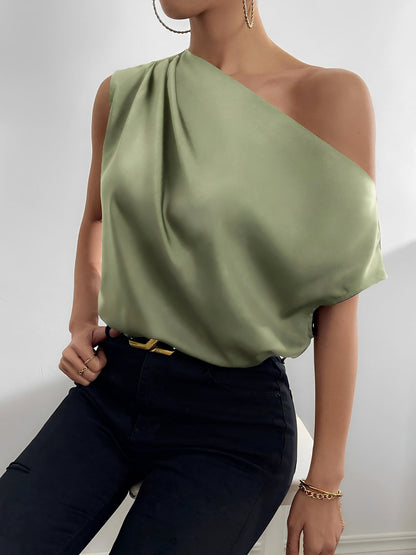 One Shoulder Ruched Asymmetrical Neck Satin Blouse